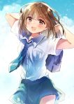  1girl :d arms_up backpack bag blue_skirt blush brown_eyes brown_hair buttons clouds collared_shirt highres looking_at_viewer medium_hair nanahamu necktie open_mouth original school_uniform shirt skirt sky smile solo 