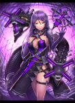  1girl belt breasts choker commentary_request cyborg dress gia hair_between_eyes hair_ornament hairclip highres holding holding_staff letterboxed long_hair looking_at_viewer mechanical_arms medium_breasts monster original purple_hair side_slit signature solo staff thigh_strap violet_eyes walking 