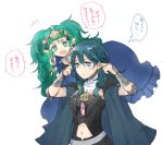  2girls armor blue_eyes blue_hair braid byleth_(fire_emblem) byleth_eisner_(female) cape closed_mouth fire_emblem fire_emblem:_three_houses green_eyes green_hair hair_ornament long_hair medium_hair multiple_girls open_mouth pointy_ears robaco simple_background sothis_(fire_emblem) tiara twin_braids white_background 