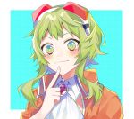  1girl :3 amulet blush commentary finger_to_chin flower_in_eye goggles goggles_on_head green_eyes green_hair gumi highres index_finger_raised jacket kaname_monika looking_at_viewer neckerchief orange_jacket red_goggles shirt short_hair short_hair_with_long_locks smile symbol_in_eye upper_body vocaloid white_shirt 
