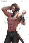  1boy abs absurdres arm_up au_ra bandaged_hands bandages biceps black_pants brown_hair chest collarbone copyright_name cowboy_shot dragon_horns dragon_tail final_fantasy final_fantasy_xiv hair_ribbon hajun_(hey_sangha) hand_up highres horns huge_filesize lips long_hair looking_at_viewer male_focus muscle navel nipples pants parted_lips pectorals ponytail red_eyes ribbon scales shirtless smile stomach sweat tail twitter_username watermark web_address 