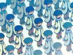  6+boys blue_hair blue_scarf brown_pants chibi clone coat commentary expressionless kaito multiple_boys no_mouth pants scarf shoes short_hair sneakers standing vocaloid white_coat xhinokox78 