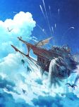  animal blue_sky clouds commentary_request day dragon fantasy flag flying highres mocha_(cotton) no_humans original outdoors sail scenery ship sky smoke watercraft 