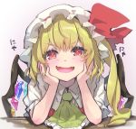  1girl :d ascot bangs blonde_hair blush commentary_request crystal eyebrows_visible_through_hair fangs flandre_scarlet frilled_ascot frills gradient gradient_background grey_background hands_up hat hat_ribbon head_rest long_hair looking_at_viewer mob_cap one_side_up open_mouth puffy_short_sleeves puffy_sleeves red_eyes red_ribbon red_vest ribbon shadow shirt short_sleeves skin_fangs smile solo syuri22 touhou translated upper_body v-shaped_eyebrows vest white_headwear white_shirt wings yellow_neckwear 