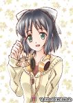  1girl black_hair bow breasts brown_hair commentary_request green_eyes hair_bow hair_ornament keychain kohinata_miku link_(aa30) looking_at_viewer open_mouth senki_zesshou_symphogear short_hair smile solo tachibana_hibiki_(symphogear) 