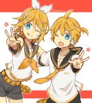  1boy 1girl :p bangs bare_shoulders bass_clef belt black_collar black_shorts blonde_hair blue_eyes bow collar commentary cowboy_shot crop_top detached_sleeves hair_bow hair_ornament hairclip kagamine_len kagamine_rin leaning_forward looking_at_viewer neckerchief necktie one_eye_closed outstretched_hand sailor_collar school_uniform shirt short_hair short_ponytail short_shorts short_sleeves shorts siblings sleeveless sleeveless_shirt smile spiky_hair standing star swept_bangs tongue tongue_out treble_clef twins twitter_username utaori vocaloid w white_bow white_shirt yellow_neckwear 