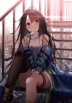  1girl black_hair boots c-ms_(girls_frontline) cityscape clothes_around_waist dress expressionless girls_frontline hands_on_own_thighs highres jacket jacket_around_waist knee_pads knoy3356 long_hair messy_hair mole outdoors red_eyes sitting stairs thigh-highs thigh_strap zipper 