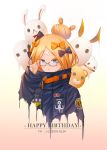  1girl abigail_williams_(fate/grand_order) absurdres black_bow black_jacket blonde_hair blue_eyes blush bow fate/grand_order fate_(series) glasses hair_bow hair_bun happy_birthday heroic_spirit_traveling_outfit highres jacket key long_hair long_sleeves looking_at_viewer orange_bow polka_dot polka_dot_bow sleeves_past_fingers sleeves_past_wrists solo 