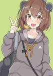  1girl absurdres backpack bag brown_eyes brown_hair commentary_request dokuganryuu drawstring green_background grey_sweater headset highres hood hooded_sweater hoodie kantai_collection looking_at_viewer open_mouth round_teeth short_hair simple_background smile solo speaking_tube_headset sweater teeth upper_body upper_teeth v yukikaze_(kantai_collection) 