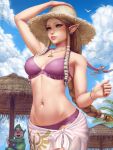  1boy 1girl bare_shoulders bikini bird blonde_hair blue_eyes braid breasts commentary elf hair_ornament hat highres jewelry large_breasts long_braid long_hair mole mole_under_mouth navel pink_bikini pointy_ears princess_zelda sciamano240 smile solo_focus straw_hat summer swimsuit the_legend_of_zelda tingle triforce 