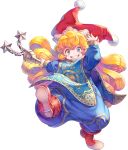  1girl artist_request bangs blonde_hair blush bodysuit boots charlotte_(seiken_densetsu_3) flail full_body grin hat holding holding_weapon jester_cap long_hair looking_at_viewer official_art pom_pom_(clothes) red_footwear red_headwear seiken_densetsu seiken_densetsu_3 smile solo transparent_background violet_eyes weapon 
