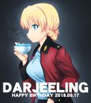  1girl bangs black_background blonde_hair blue_eyes braid character_name cup darjeeling dated epaulettes eyebrows_visible_through_hair fujimaru_arikui girls_und_panzer holding holding_cup jacket leaning_forward long_sleeves looking_to_the_side military military_uniform open_clothes open_jacket red_jacket short_hair solo st._gloriana&#039;s_military_uniform steam teacup tied_hair uniform 