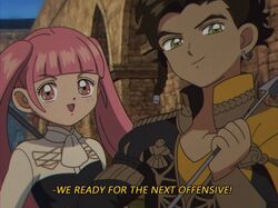  1boy 1girl 90s banana69281 brown_hair claude_von_riegan english_text engrish_text fire_emblem fire_emblem:_three_houses garreg_mach_monastery_uniform green_eyes highres hilda_valentine_goneril looking_at_viewer pink_eyes pink_hair ranguage tagme 