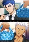  2boys akujiki59 archer_(fate) bag bangs black_jacket black_neckwear black_shirt blue_hair blurry collared_shirt commentary_request cu_chulainn_(fate) cu_chulainn_(fate/stay_night) earrings fate_(series) hair_tubes hand_up hands_up holding holding_bag jacket jewelry male_focus multiple_boys open_mouth parted_lips ponytail red_eyes shirt spiky_hair tied_hair tongue upper_teeth white_hair white_shirt 