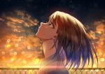  1girl black_shirt blurry blurry_background brown_eyes brown_hair chain-link_fence clouds cloudy_sky collared_shirt commentary_request depth_of_field fence long_hair looking_away looking_up minatoasu multicolored_hair original outdoors pink_hair portrait shirt sky solo star_(sky) starry_sky sunset two-tone_hair 