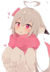  1girl ahoge animal_ears chestnut_mouth ears_down fox_ears fox_tail heart heart_ahoge highres long_hair long_sleeves mugi-chan_(muuran) muuran open_mouth original paw_pose red_eyes scarf silver_hair sleeves_past_wrists sweater tail 