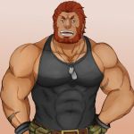  1boy abs beard belt biceps black_tank_top bracelet chest facial_hair fate/zero fate_(series) hand_on_hip jewelry looking_at_viewer male_focus muscle necklace open_mouth pants pectorals pensuke_is red_eyes redhead rider_(fate/zero) scar simple_background smile solo tank_top teeth upper_body 