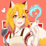  1girl animal_ear_fluff animal_ears ankujo apron artist_name bangs blonde_hair blue_fire blush commentary fang fire flower fox_ears fox_tail hair_between_eyes hair_flower hair_ornament heart highres holding_ladle japanese_clothes kimono ladle looking_at_viewer medium_hair open_mouth senko_(sewayaki_kitsune_no_senko-san) sewayaki_kitsune_no_senko-san skin_fang smile solo tail twitter_username upper_body yellow_eyes 