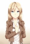  1girl :t artist_name blonde_hair blue_eyes breasts buttons christa_renz cowboy_shot cropped_jacket hews_hack highres long_hair medium_breasts shingeki_no_kyojin solo watermark web_address white_background 