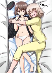  1girl bangs bed_sheet bikini black_headwear black_jacket blush breasts brown_eyes brown_hair closed_mouth commentary dakimakura_(object) eyebrows_visible_through_hair garrison_cap girls_und_panzer hat highres insignia itsumi_erika jacket kuromorimine_military_uniform light_frown lying medium_breasts medium_hair military military_hat military_uniform navel nishizumi_maho omachi_(slabco) on_bed on_side open_mouth pajamas pants pillow pillow_hug saliva shirt short_hair short_sleeves side-tie_bikini silver_hair sleeping smile solo swimsuit thigh_gap uniform white_bikini yellow_pants yellow_shirt zzz 