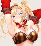  1girl absurdres armpits arms_behind_head arms_up bangs bare_shoulders blonde_hair blue_eyes blush bra braid breasts closed_mouth detached_collar detached_sleeves granblue_fantasy hair_intakes hairband highres long_hair looking_at_viewer orange_bra remora180 sidelocks simple_background solo twintails underwear zeta_(granblue_fantasy) 