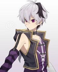  ! 1girl androgynous arm_warmers bandaged_arm bandages black_collar black_hair collar cropped_jacket flower_(vocaloid) flower_(vocaloid4) grey_background highres jacket looking_to_the_side multicolored_hair purple_arm_warmers purple_shirt shirt short_hair simple_background single_arm_warmer sleeveless sleeveless_jacket solo spoken_exclamation_mark streaked_hair striped_arm_warmers twitter_username udon_jyomae violet_eyes vocaloid white_hair 