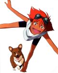  :d bike_shorts blush blush_stickers brown_eyes cowboy_bebop dark_skin dog ed edward_wong_hau_pepelu_tivrusky_iv ein_(cowboy_bebop) goggles highres open_mouth red_hair redhead reverse_trap scan short_hair smile tomboy 