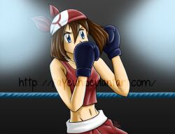  1girl bandana blue_eyes blue_gloves boxer boxing boxing_gloves boxing_ring boxing_shorts breasts brown_hair covered_mouth dark_background deviantart_username fayeuh fighting_stance gloves may_(pokemon) pants poke_ball pokemon pokemon_(anime) raised_eyebrows red_bandana red_pants red_sports_bra shorts signature simple_background sports_bra stage_lights 