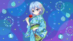  1girl ahoge bag blue_background blue_eyes blue_hair blue_kimono candy_apple closed_mouth cowboy_shot dot_nose double-parted_bangs film_grain floral_print floral_print_kimono food game_cg green_bag green_sash hair_between_eyes hand_up handbag holding holding_bag holding_candy_apple holding_food izumi_tsubasu japanese_clothes kimono lantern looking_at_viewer nakano_rinka non-web_source obi official_art paper_lantern print_kimono purple_background re:stage! sash short_hair smile solo sparkle_background water_balloon yukata 