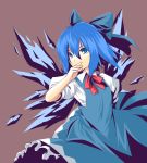  blue_eyes blue_hair bow bowtie cirno dress hand_over_mouth jumper kinsenka ribbon short_hair simple_background touhou tsurime wings 