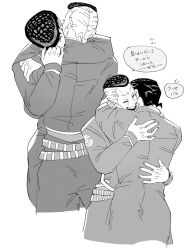  2boys arm_around_neck belt black_hair closed_eyes commentary_request cropped_legs diamond_wa_kudakenai gakuran greyscale higashikata_josuke highres hug jacket jojo_no_kimyou_na_bouken male_focus monochrome multicolored_hair multiple_belts multiple_boys multiple_views mutual_hug nijimura_okuyasu open_mouth pants pompadour school_uniform smile speech_bubble striped_belt teeth tirauraja translation_request two-tone_hair 
