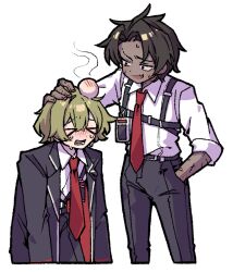  &gt;_&lt; 2boys black_coat black_pants brown_hair chest_harness coat collared_shirt cowboy_shot harness head_bump heathcliff_(project_moon) highres lapels limbus_company long_sleeves multiple_boys nantekottawo!! necktie notched_lapels open_mouth pants parted_bangs project_moon red_necktie shirt simple_background sinclair_(project_moon) sweat white_background white_shirt 