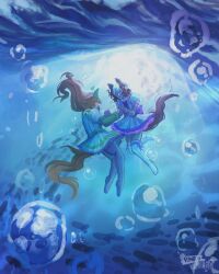  2girls absurdres air_bubble animal_ears black_pantyhose bow brown_hair bubble dress ear_bow ear_covers ear_ribbon exocorpse fish green_eyes highres holding_hands horse_ears horse_girl horse_tail long_hair long_sleeves looking_at_another multicolored_hair multiple_girls open_mouth orange_hair pantyhose purple_bow shirt short_hair short_sleeves silence_suzuka_(umamusume) skirt smile special_week_(umamusume) tail teeth thigh-highs two-tone_hair umamusume underwater upper_teeth_only violet_eyes water white_dress white_hair white_shirt white_skirt white_thighhighs 