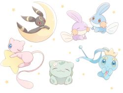 alternate_color appyon_(archangel_ayp) black_eyes blue_eyes brown_eyes bulbasaur closed_mouth colored_sclera commentary_request crescent crown full_body manaphy mew mew_(pokemon) mudkip no_humans pokemon pokemon_(creature) pokemon_focus red_sclera shiny_and_normal shiny_pokemon simple_background star_(symbol) umbreon white_background yellow_sclera