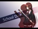  black_hair katsura_kotonoha long_hair okaka ribbon ribbons school_days school_uniform skirt weapon yandere 