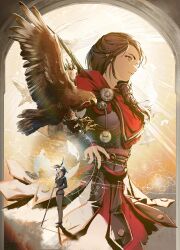  1girl arch armor assassin's_creed:_odyssey assassin's_creed_(series) bird black_jacket black_pants black_suit braid brown_bird brown_eyes brown_hair cape eagle from_side full_body greek_armor highres holding holding_polearm holding_weapon jacket jacknavy kassandra_of_sparta long_hair multiple_views pants polearm profile red_cape reverse:1999 single_braid solo suit upper_body weapon white_bird yellow_background 