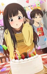  1boy 1girl :o adjusting_hair birthday_cake blush brother_and_sister brown_eyes brown_hair cake commentary confetti finger_to_mouth food fruit gift grey_shirt happy_birthday highres holding holding_gift indoors long_hair long_sleeves make_heroine_ga_oo_sugiru! nukumizu_kaju nukumizu_kazuhiko omio shirt short_hair shushing siblings solo_focus strawberry yellow_shirt 