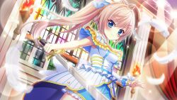  &gt;:) 1girl ahoge blue_eyes blue_shorts blush breasts cowboy_shot dress falling_feathers feathers film_grain fire frilled_dress frills from_below game_cg glint hair_intakes hair_ornament hairclip headset high_ponytail himura_nagisa holding holding_sword holding_weapon idol idol_clothes izumi_tsubasu lens_flare long_hair looking_at_viewer medium_breasts non-web_source official_art pink_hair ponytail re:stage! shorts single_sleeve smile solo sparkle stage_lights stained_glass sword torch v-shaped_eyebrows weapon white_dress white_feathers white_sleeves window 