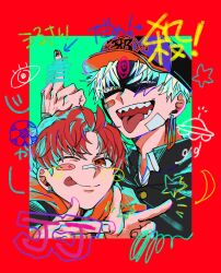  2boys bandaid bandaid_on_cheek bandaid_on_face bandaid_on_nose baseball_cap closed_mouth commentary_request dandadan double_finger_gun dual_persona earrings enjoji_jin evil_eye_(dandadan) finger_gun gakuran hat highres hood hood_down hoodie jewelry looking_at_viewer middle_finger mtmt_0_1 multiple_boys one_eye_closed open_mouth orange_hoodie red_hair school_uniform sharp_teeth short_hair smile teeth third_eye tongue tongue_out upper_body white_hair 