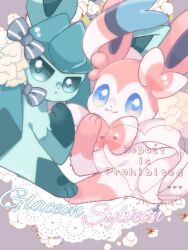  animal_focus blue_eyes bow character_name closed_mouth flower glaceon heart highres looking_at_viewer maaari_pkmn no_humans pokemon pokemon_(creature) pokemon_focus simple_background smile sylveon 