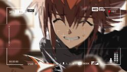  1boy adjusting_camera animal_hands black_shirt blush brown_hair cat cat_paws closed_eyes cocaduel highres male_focus pharaoh_(cat) recording shirt sidelocks smile sweatdrop viewfinder yu-gi-oh! yu-gi-oh!_gx yuki_judai 