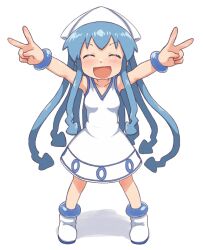  1girl beachepisode blue_hair boots bracelet collarbone commentary double_v dress english_commentary full_body highres ikamusume jewelry long_hair open_mouth shinryaku!_ikamusume simple_background smile solo squid_girl standing tentacle_hair v white_background white_boots white_dress 