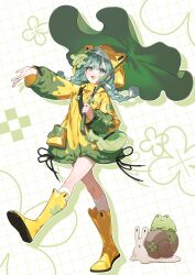  1girl animal_hood bag boots braid clover coat flat_fish990 four-leaf_clover frog full_body green_eyes green_hair hatsune_miku highres holding holding_leaf hood hood_up leaf leaf_umbrella long_hair long_sleeves looking_at_viewer low_twin_braids multicolored_hair open_mouth outstretched_arm raincoat rubber_boots smile socks solo twin_braids vocaloid walking white_socks yellow_coat yellow_raincoat 