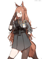  1girl absurdres animal_ear_fluff animal_ears arknights arm_up asymmetrical_legwear black_shirt black_skirt brown_gloves brown_hair brown_pantyhose brown_tail brown_thighhighs collared_shirt commentary contrapposto cowboy_shot dated elbow_gloves english_commentary fox_ears fox_girl fox_tail franka_(arknights) gloves hand_in_own_hair high-waist_skirt highres long_hair looking_to_the_side pantyhose parted_lips pleated_skirt pppmepl shirt simple_background single_leg_pantyhose single_thighhigh skirt solo standing tail thigh-highs uneven_legwear white_background yellow_eyes 