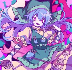  1girl apron arm_ribbon belt between_fingers blue_hair bow commentary_request dress energy floating_hair flower frills green_apron green_belt green_bow green_headscarf hair_between_eyes hand_up haniyasushin_keiki headscarf holding holding_tool jewelry leaf long_hair looking_at_viewer madeno magatama magatama_necklace necklace open_mouth pocket puffy_short_sleeves puffy_sleeves ribbon short_sleeves smile solo touhou turtleneck turtleneck_dress violet_eyes white_flower wood_carving_tool 