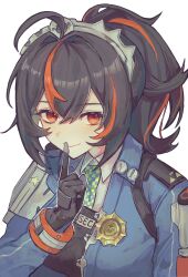  blue_jacket checkered_necktie czc9q2 finger_to_mouth hairband handlebar high-waist_pants highres holding_handlebar holster jacket looking_at_viewer metal_hairband multicolored_hair necktie pants police police_badge police_uniform policewoman ponytail red_eyes shoulder_holster shushing smile streaked_hair tight_clothes tight_pants zenless_zone_zero zhu_yuan 