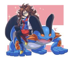  1girl 1other absurdres android android_21 asymmetrical_footwear black-framed_eyewear black_pantyhose black_sleeves blue_dress blue_eyes boots border brown_hair checkered_clothes checkered_dress commentary_request crossover dragon_ball dragon_ball_fighterz dress earrings eye_contact glasses gold_earrings high_heel_boots high_heels highres hoop_earrings jewelry lab_coat long_hair looking_at_another looking_at_creature messy_hair mismatched_footwear open_mouth otyumamii pantyhose pink_background pokemon pokemon_(creature) red_dress riding scientist sitting sparkle swampert sweatdrop two-tone_dress white_border 