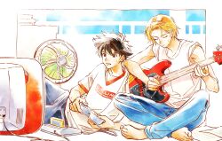  2boys bass_guitar black_hair blonde_hair border brown_eyes closed_eyes commentary controller crossed_legs denim digimon digimon_adventure_tri. electric_fan game_console game_controller highres instrument jeans konashio lying male_focus multiple_boys music on_side outside_border pants playing_bass_guitar playing_games playing_instrument shirt short_hair short_sleeves sleeves_rolled_up sweat television white_border 