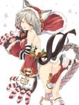  a_(nanananaaannaa) animal_ears ass back bell boots bow cat_ears christmas claw_(weapon) detached_sleeves erun_(granblue_fantasy) fur_trim granblue_fantasy grey_hair hat highres hood looking_at_viewer miniskirt one_eye_closed ribbon santa_hat sen_(granblue_fantasy) skirt weapon 