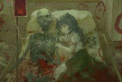  1girl 1other :3 ambiguous_gender animal_ears bear_ears bed blood blood_bag chunkyeggy dropper hospital hospital_bed indoors long_hair looking_at_another on_bed original pillow pink_eyes skeleton wavy_hair 